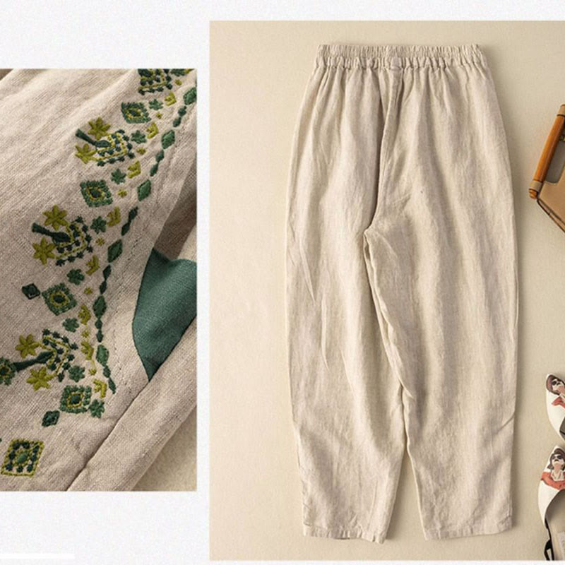 Nimara Ritual Vintage Embroidery Elastic Waist Capri Harem Pants With Pockets