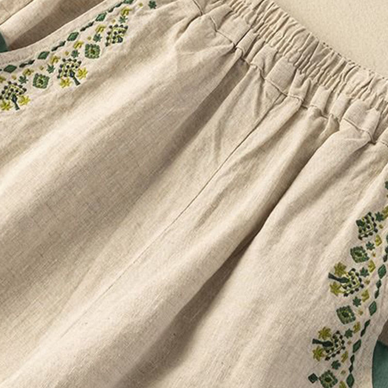 Nimara Ritual Vintage Embroidery Elastic Waist Capri Harem Pants With Pockets