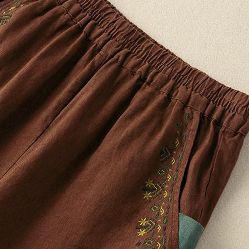 Nimara Ritual Vintage Embroidery Elastic Waist Capri Harem Pants With Pockets