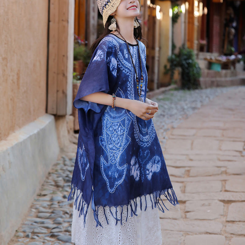 Nimara Ritual Blue Geometry Batik Shawl Tassels Cozy Travel Pullover 90*95cm