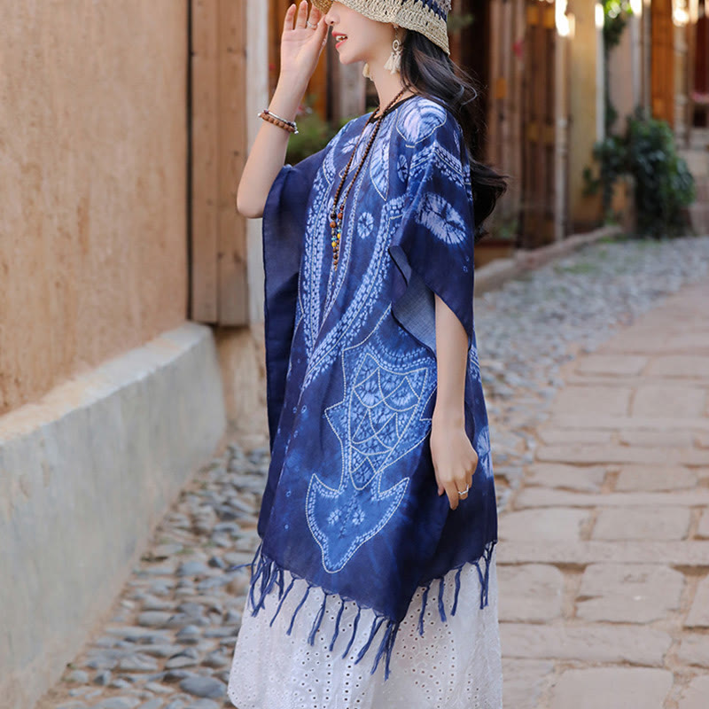 Nimara Ritual Blue Geometry Batik Shawl Tassels Cozy Travel Pullover 90*95cm