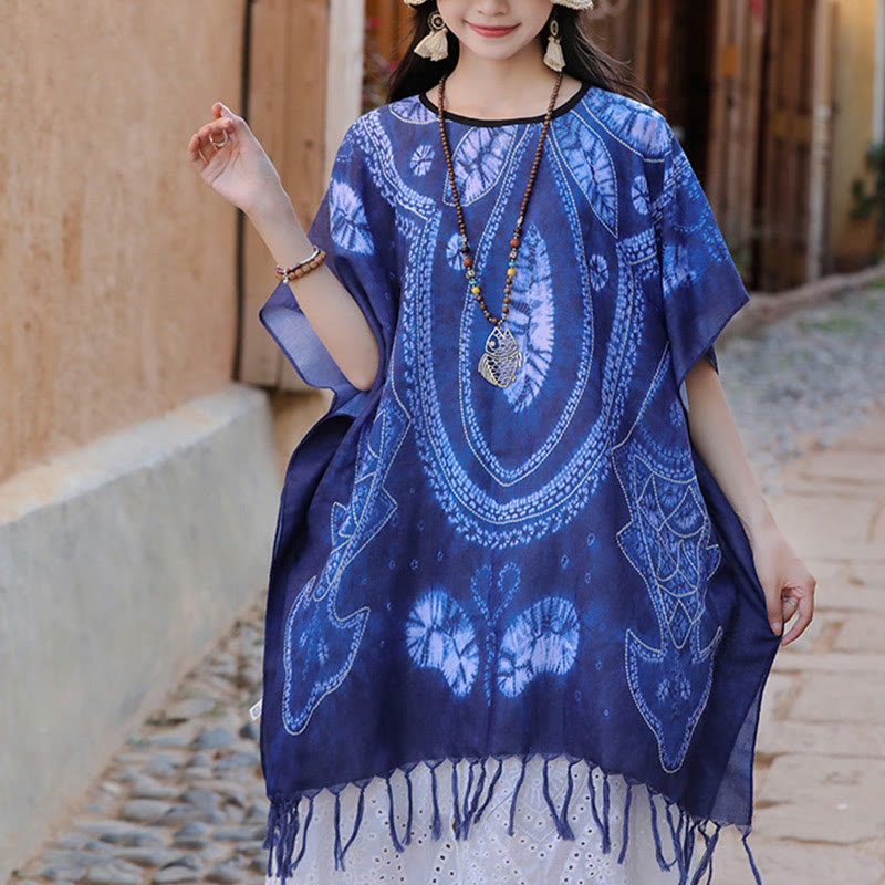 Nimara Ritual Blue Geometry Batik Shawl Tassels Cozy Travel Pullover 90*95cm