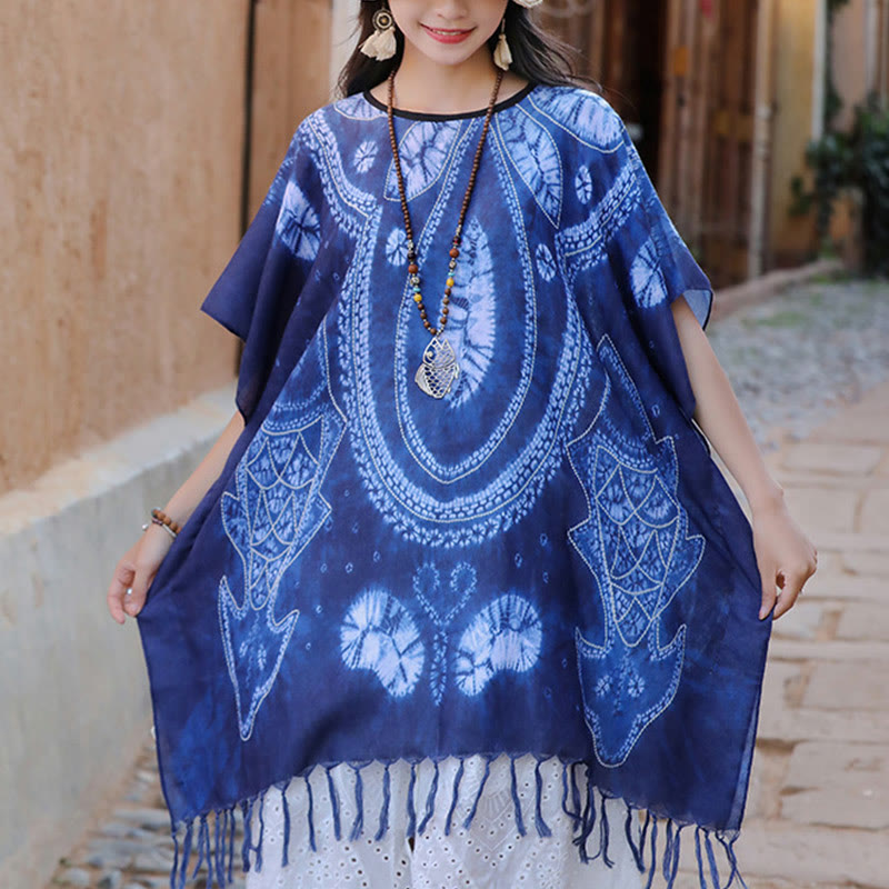 Nimara Ritual Blue Geometry Batik Shawl Tassels Cozy Travel Pullover 90*95cm