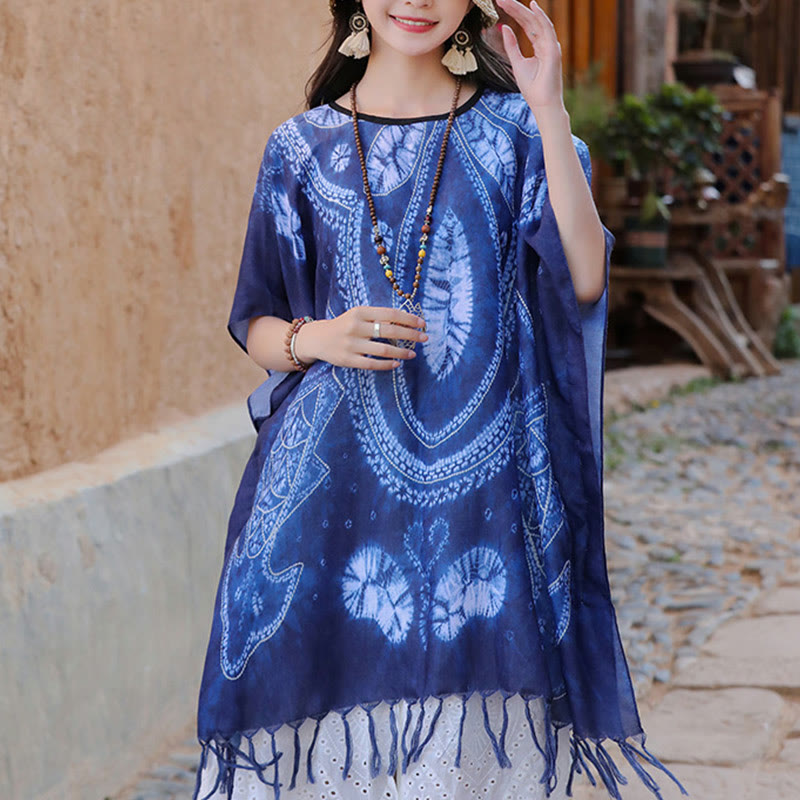 Nimara Ritual Blue Geometry Batik Shawl Tassels Cozy Travel Pullover 90*95cm