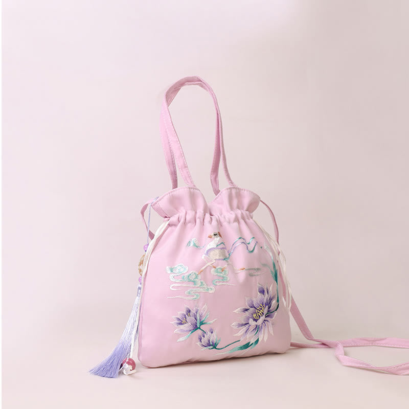 Nimara Ritual Suzhou Embroidery Lotus Deer Epiphyllum Peony Rabbit Cotton Linen Tote Crossbody Bag Shoulder Bag Handbag
