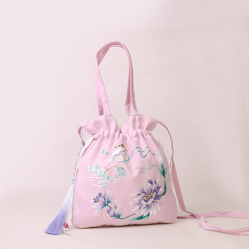 Nimara Ritual Suzhou Embroidery Lotus Deer Epiphyllum Peony Rabbit Cotton Linen Tote Crossbody Bag Shoulder Bag Handbag