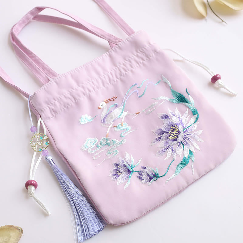 Nimara Ritual Suzhou Embroidery Lotus Deer Epiphyllum Peony Rabbit Cotton Linen Tote Crossbody Bag Shoulder Bag Handbag