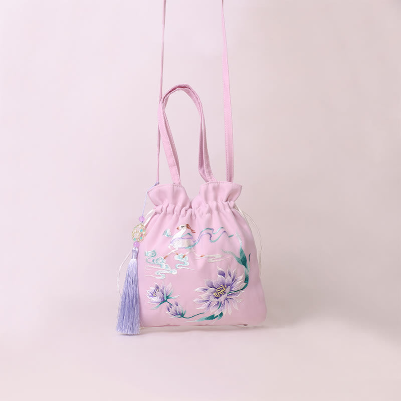 Nimara Ritual Suzhou Embroidery Lotus Deer Epiphyllum Peony Rabbit Cotton Linen Tote Crossbody Bag Shoulder Bag Handbag