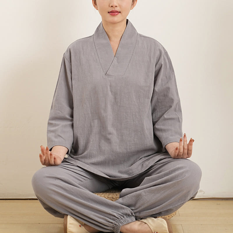 Nimara Ritual 2Pcs V-Neck Three Quarter Sleeve Shirt Top Pants Meditation Zen Tai Chi Clothing Women's Set