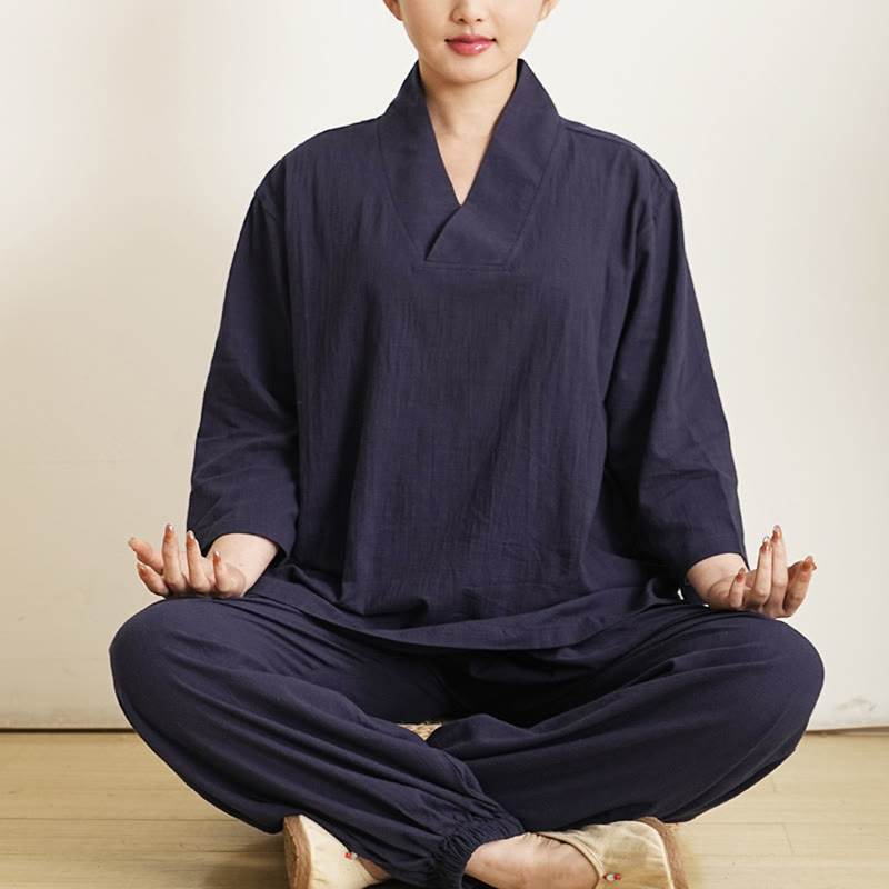 Nimara Ritual 2Pcs V-Neck Three Quarter Sleeve Shirt Top Pants Meditation Zen Tai Chi Clothing Women's Set