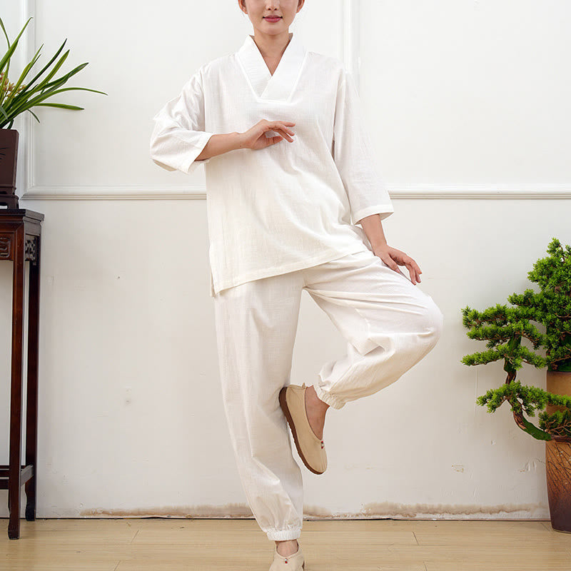 Nimara Ritual 2Pcs V-Neck Three Quarter Sleeve Shirt Top Pants Meditation Zen Tai Chi Clothing Women's Set