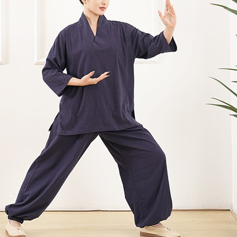 Nimara Ritual 2Pcs V-Neck Three Quarter Sleeve Shirt Top Pants Meditation Zen Tai Chi Clothing Women's Set