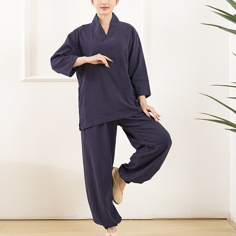 Nimara Ritual 2Pcs V-Neck Three Quarter Sleeve Shirt Top Pants Meditation Zen Tai Chi Clothing Women's Set