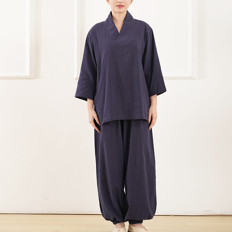 Nimara Ritual 2Pcs V-Neck Three Quarter Sleeve Shirt Top Pants Meditation Zen Tai Chi Clothing Women's Set