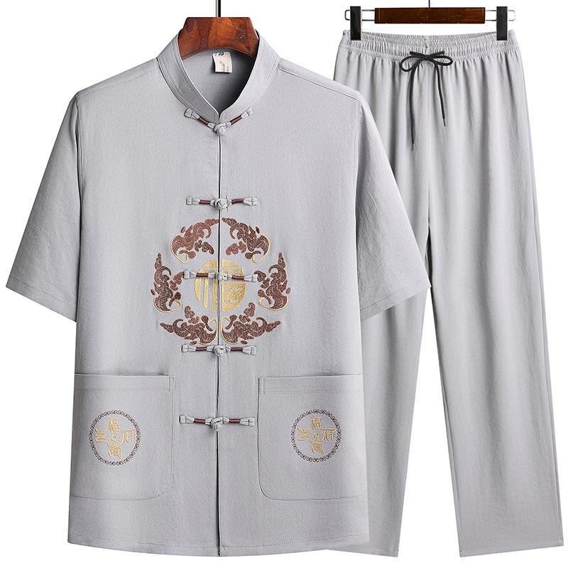 Nimara Ritual Fu Character Tang Suit Hanfu Traditional Uniform Short Sleeve Top Pants Clothing Men's Set