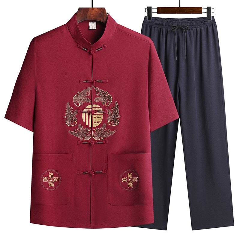 Nimara Ritual Fu Character Tang Suit Hanfu Traditional Uniform Short Sleeve Top Pants Clothing Men's Set