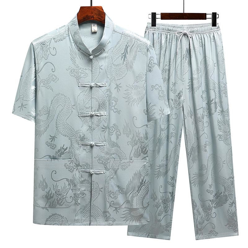 Nimara Ritual Dragon Pattern Tang Suit Hanfu Traditional Uniform Short Sleeve Top Pants Clothing Men's Set