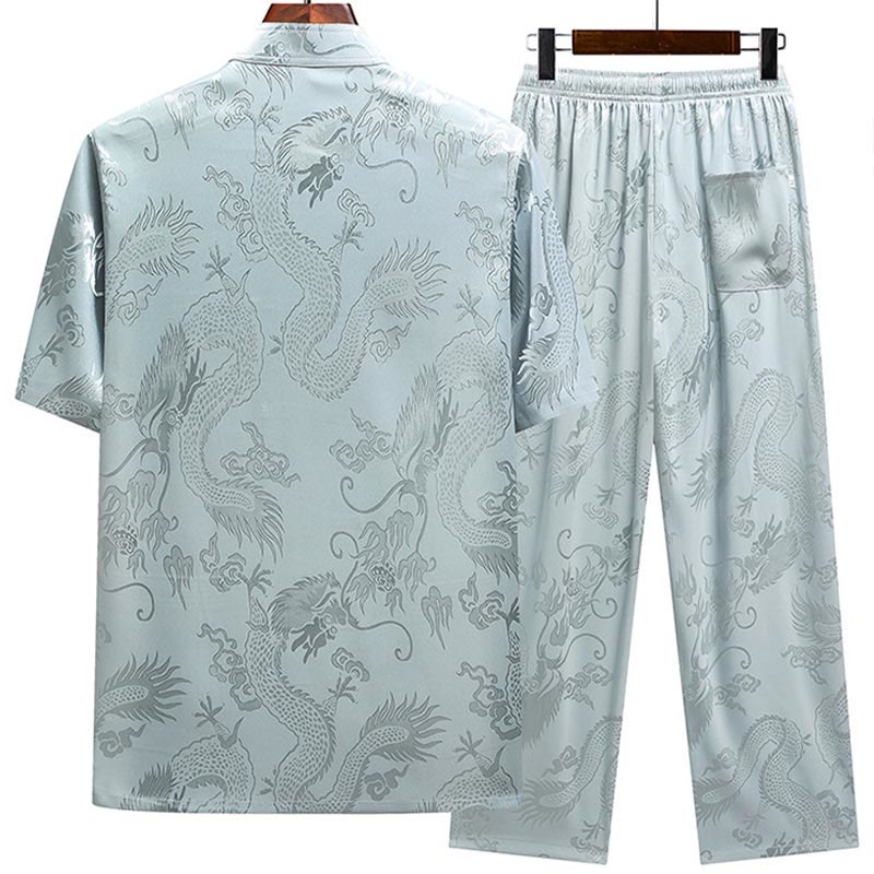 Nimara Ritual Dragon Pattern Tang Suit Hanfu Traditional Uniform Short Sleeve Top Pants Clothing Men's Set