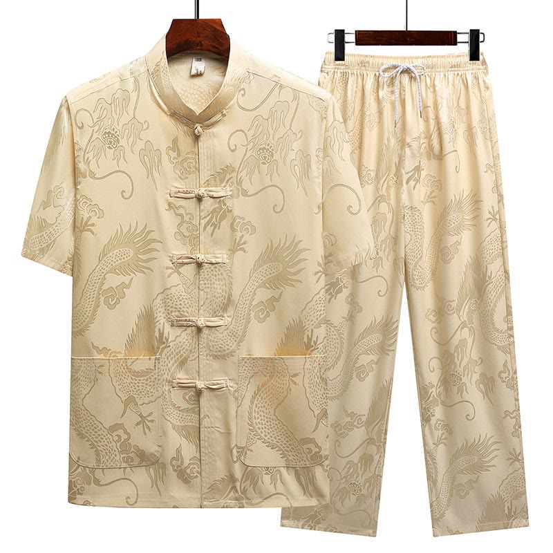 Nimara Ritual Dragon Pattern Tang Suit Hanfu Traditional Uniform Short Sleeve Top Pants Clothing Men's Set