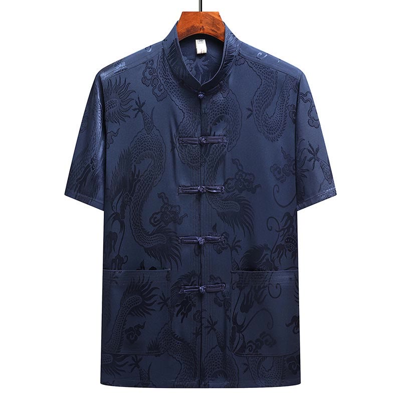 Nimara Ritual Dragon Pattern Tang Suit Hanfu Traditional Uniform Short Sleeve Top Pants Clothing Men's Set
