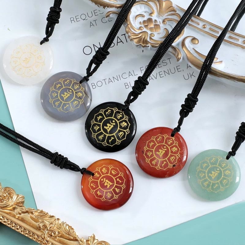 Nimara Ritual Om Mani Padme Hum Natural Various Crystal Black Obsidian Strength Necklace Pendant
