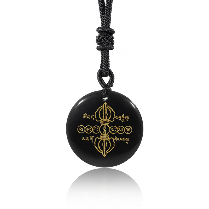 Nimara Ritual Vajra Dorje Sanskrit Pattern Natural Various Crystal Black Obsidian Fulfilment Necklace Pendant