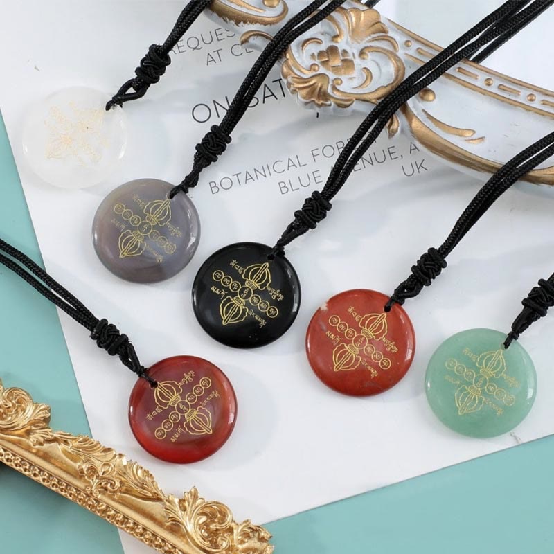 Nimara Ritual Vajra Dorje Sanskrit Pattern Natural Various Crystal Black Obsidian Fulfilment Necklace Pendant