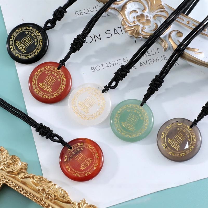 Nimara Ritual Swastika Lotus Pattern Natural Various Crystal Black Obsidian Purification Necklace Pendant