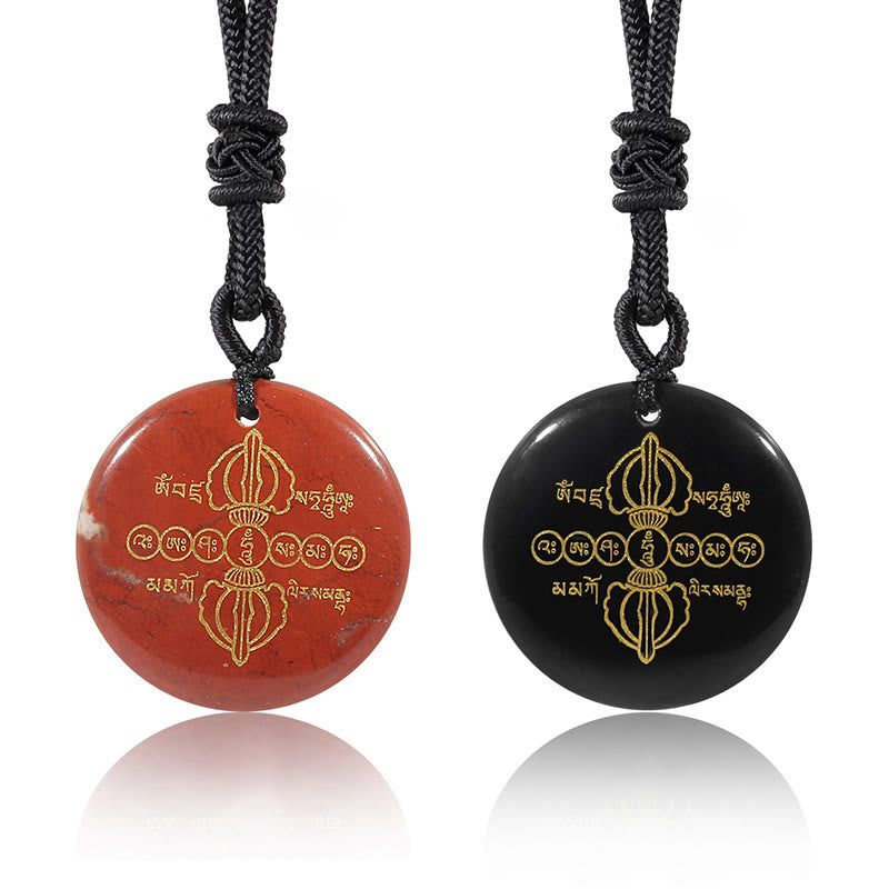 Nimara Ritual Vajra Dorje Sanskrit Pattern Natural Various Crystal Black Obsidian Fulfilment Necklace Pendant