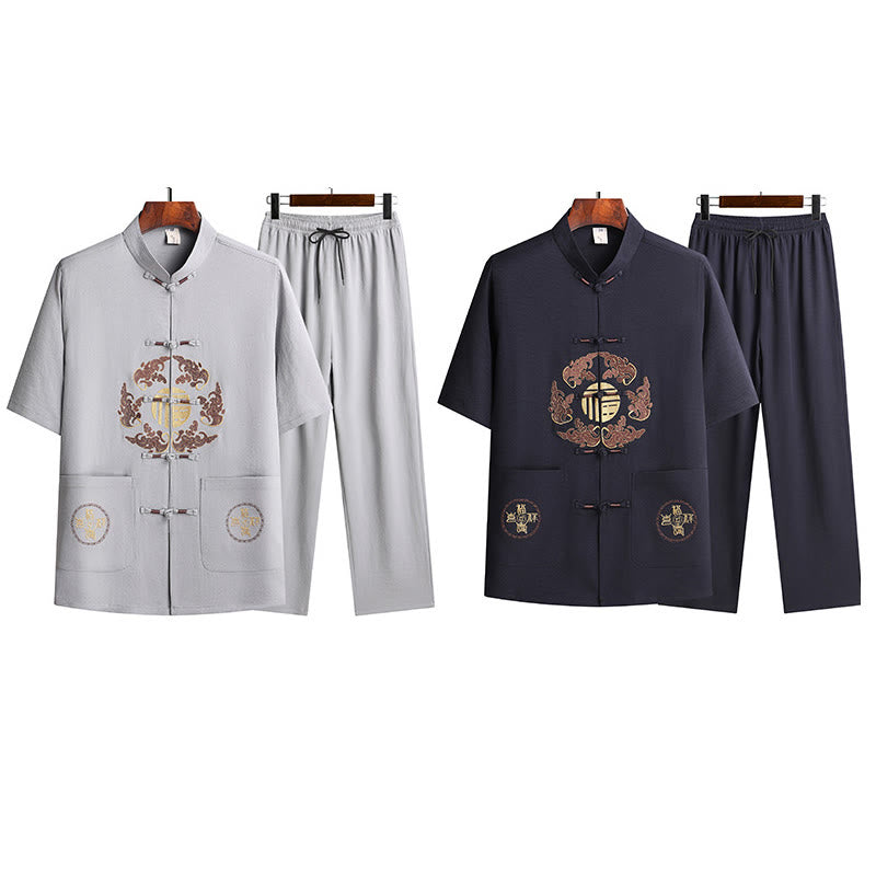 Nimara Ritual Fu Character Tang Suit Hanfu Traditional Uniform Short Sleeve Top Pants Clothing Men's Set