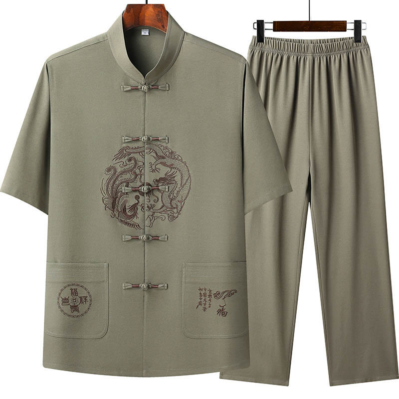 Nimara Ritual Dragon Fu Character Tang Suit Traditional Short Sleeve Shirt Wide Leg Pants Clothing Men's Set