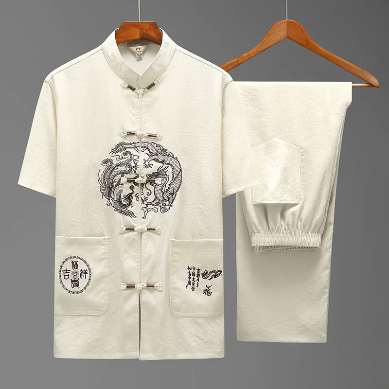 Nimara Ritual Dragon Fu Character Tang Suit Traditional Short Sleeve Shirt Wide Leg Pants Clothing Men's Set