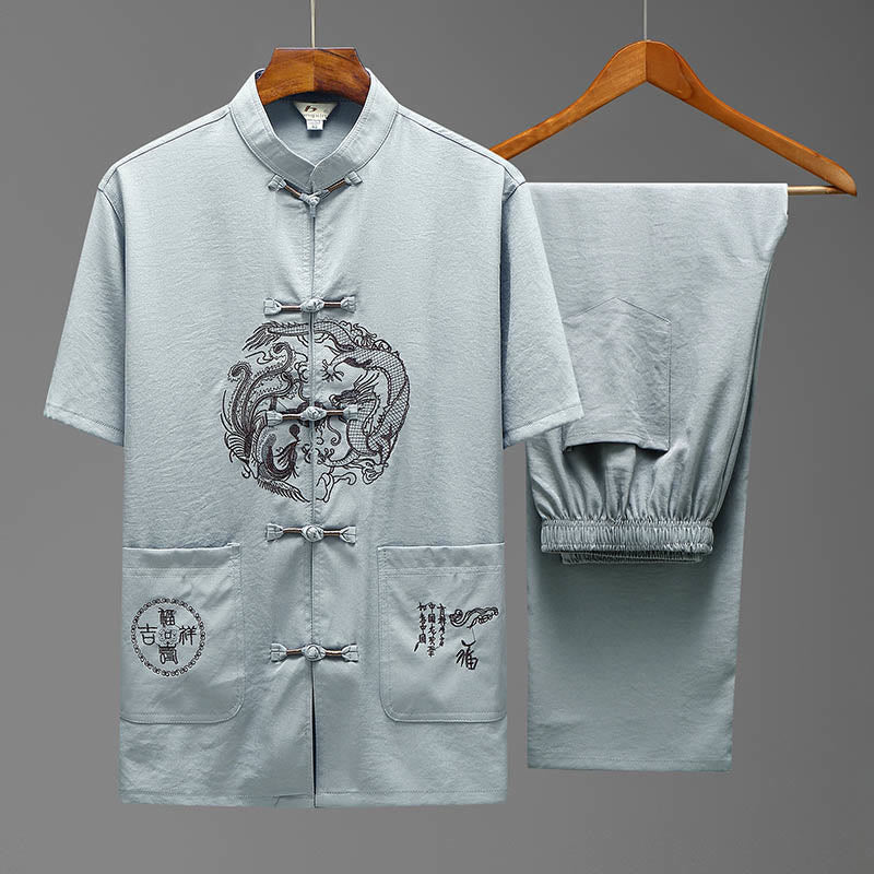 Nimara Ritual Dragon Fu Character Tang Suit Traditional Short Sleeve Shirt Wide Leg Pants Clothing Men's Set