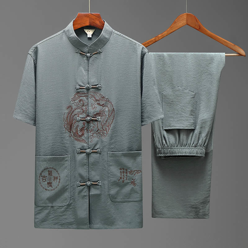Nimara Ritual Dragon Fu Character Tang Suit Traditional Short Sleeve Shirt Wide Leg Pants Clothing Men's Set