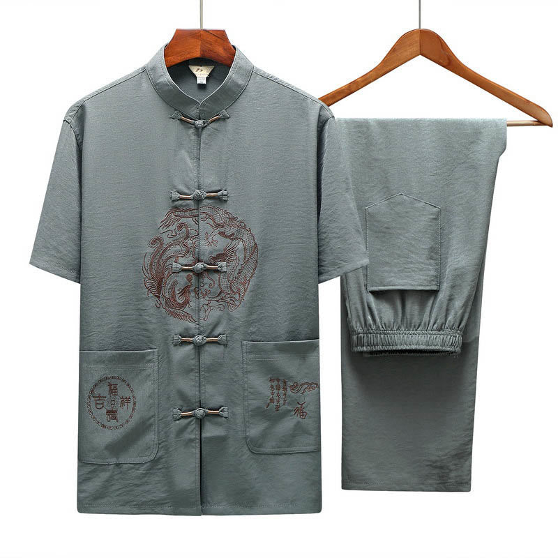 Nimara Ritual Dragon Fu Character Tang Suit Traditional Short Sleeve Shirt Wide Leg Pants Clothing Men's Set