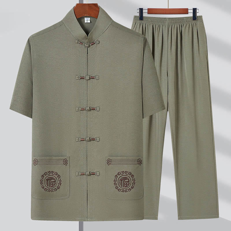 Nimara Ritual Fu Character Embroidery Tang Suit Traditional Frog-Button Short Sleeve Top Pants Clothing Men's Set