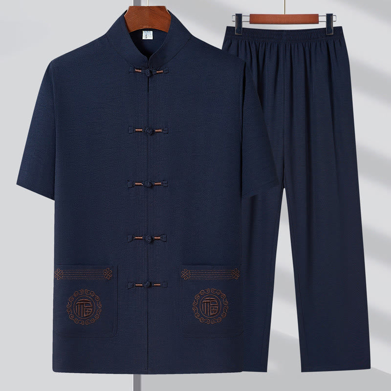 Nimara Ritual Fu Character Embroidery Tang Suit Traditional Frog-Button Short Sleeve Top Pants Clothing Men's Set