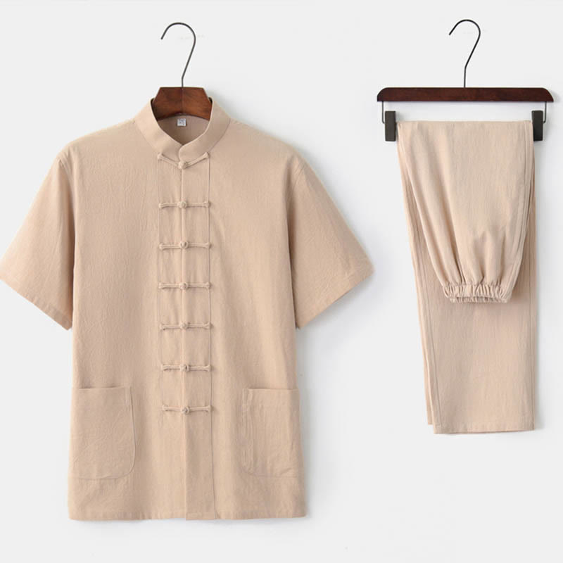 Nimara Ritual Solid Color Frog-Button Tang Suit Traditional Cotton Linen Short Sleeve Top Pants Clothing Men's Set