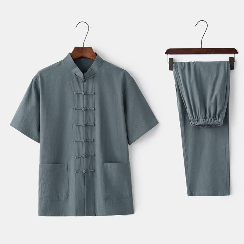 Nimara Ritual Solid Color Frog-Button Tang Suit Traditional Cotton Linen Short Sleeve Top Pants Clothing Men's Set