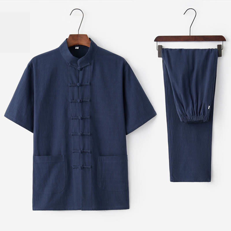 Nimara Ritual Solid Color Frog-Button Tang Suit Traditional Cotton Linen Short Sleeve Top Pants Clothing Men's Set