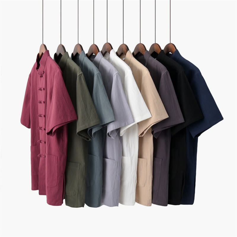 Nimara Ritual Solid Color Frog-Button Tang Suit Traditional Cotton Linen Short Sleeve Top Pants Clothing Men's Set