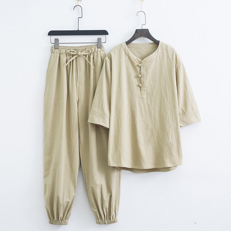 Nimara Ritual Solid Color Traditional Short Sleeve T-shirt Pants Clothing Men's Set