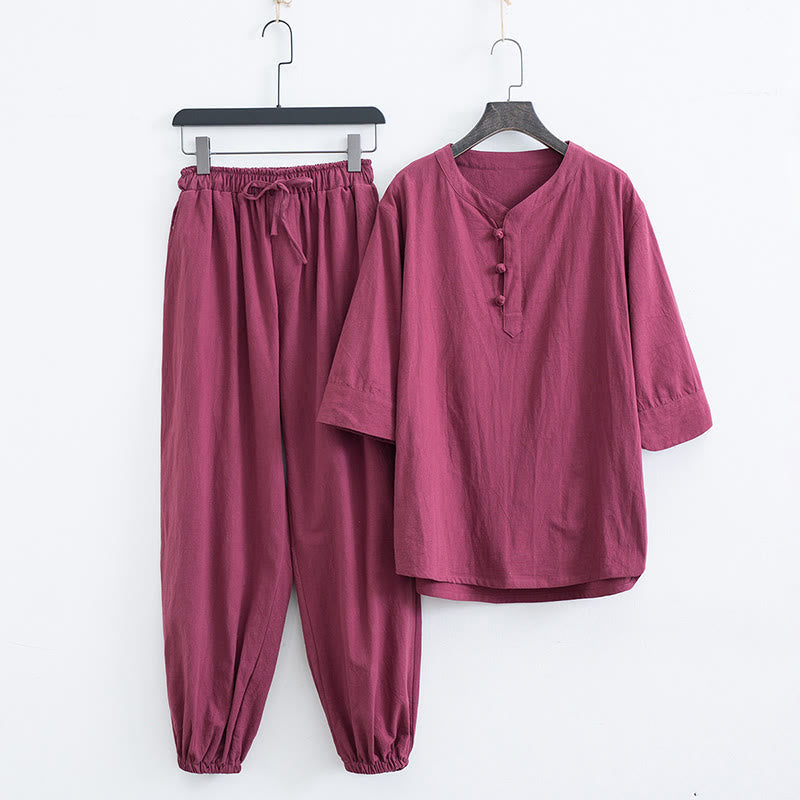 Nimara Ritual Solid Color Traditional Short Sleeve T-shirt Pants Clothing Men's Set