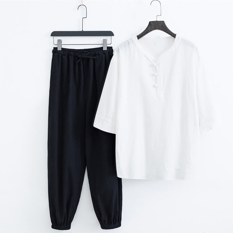 Nimara Ritual Solid Color Traditional Short Sleeve T-shirt Pants Clothing Men's Set