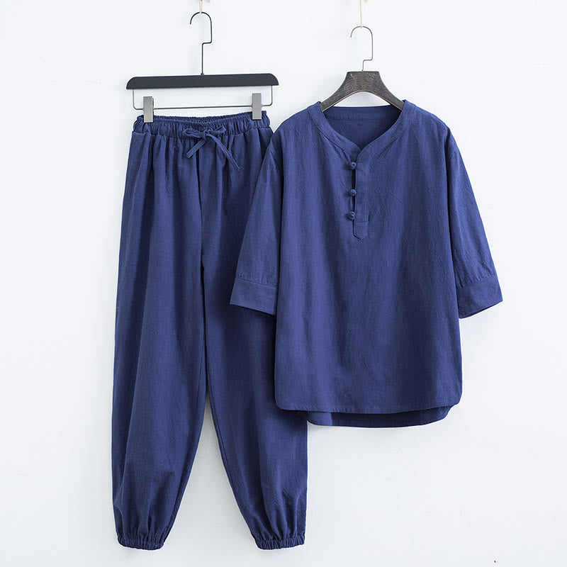 Nimara Ritual Solid Color Traditional Short Sleeve T-shirt Pants Clothing Men's Set