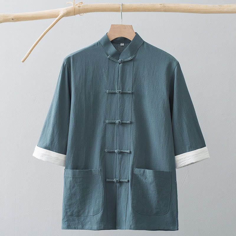 Nimara Ritual Frog-Button Chinese Tang Suit Half Sleeve Shirt Cotton Men Clothing With Pockets