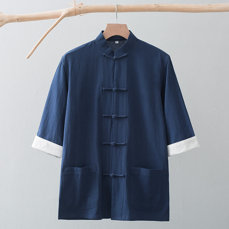 Nimara Ritual Frog-Button Chinese Tang Suit Half Sleeve Shirt Cotton Men Clothing With Pockets