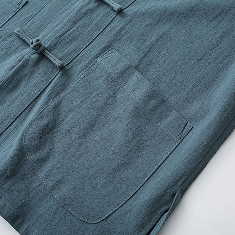 Nimara Ritual Frog-Button Chinese Tang Suit Half Sleeve Shirt Cotton Men Clothing With Pockets