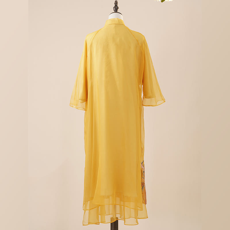 Nimara Ritual 100% Mulberry Silk Organza Dress Embroidered Yellow Phoenix Qipao Cheongsam Dress