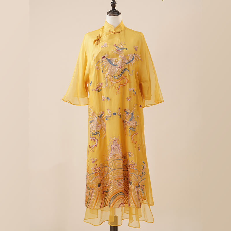 Nimara Ritual 100% Mulberry Silk Organza Dress Embroidered Yellow Phoenix Qipao Cheongsam Dress